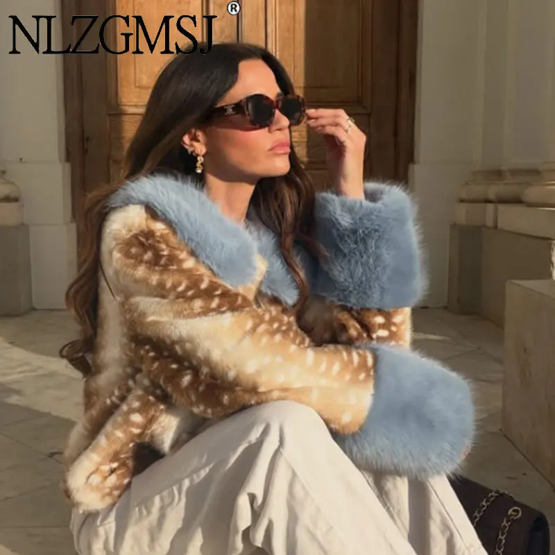 Nlzgmsj 2026 Winter Women Deer Print Faux Fur Jacket Contrast Blue Furry Collar Cuffs Winter Warm Short Streetwear Outerwear