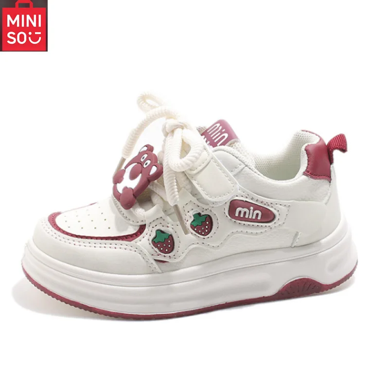 أحذية رياضية جلدية للفتيات من Miniso لربيع وخريف، نعل ناعم غير قابل للانزلاق، أحذية تزلج بيضاء للأطفال الكبار #5