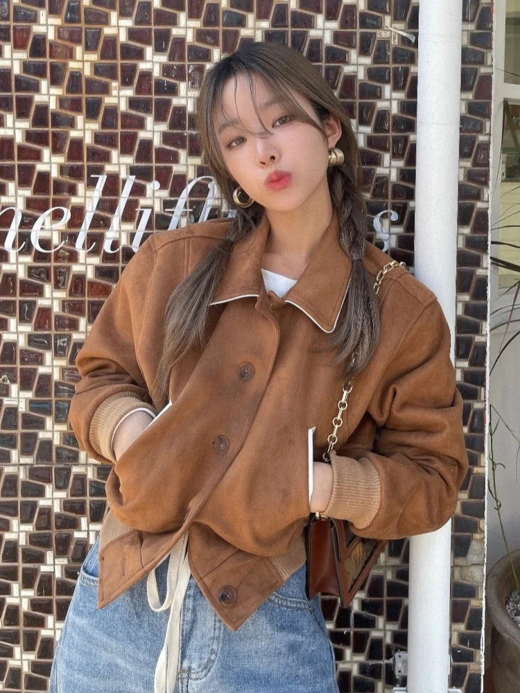 

Chic ort Design Sle Women's Jaet Quilted Suede Leather Patchwork Biker Coat Autumn Anti-Aging Vintage Versatile Outerwear