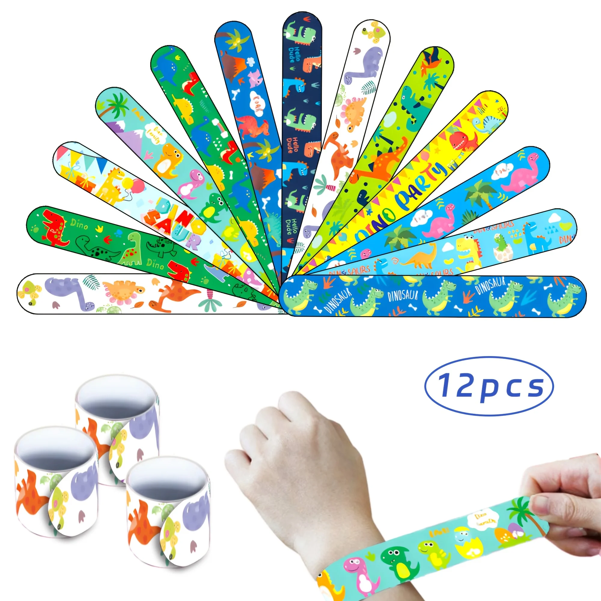 12Pcs Dinosaur Slap Bracelets & Necklaces Cute Kids Birthday Party Favors Classroom Prizes Holiday Party Decor Gifts