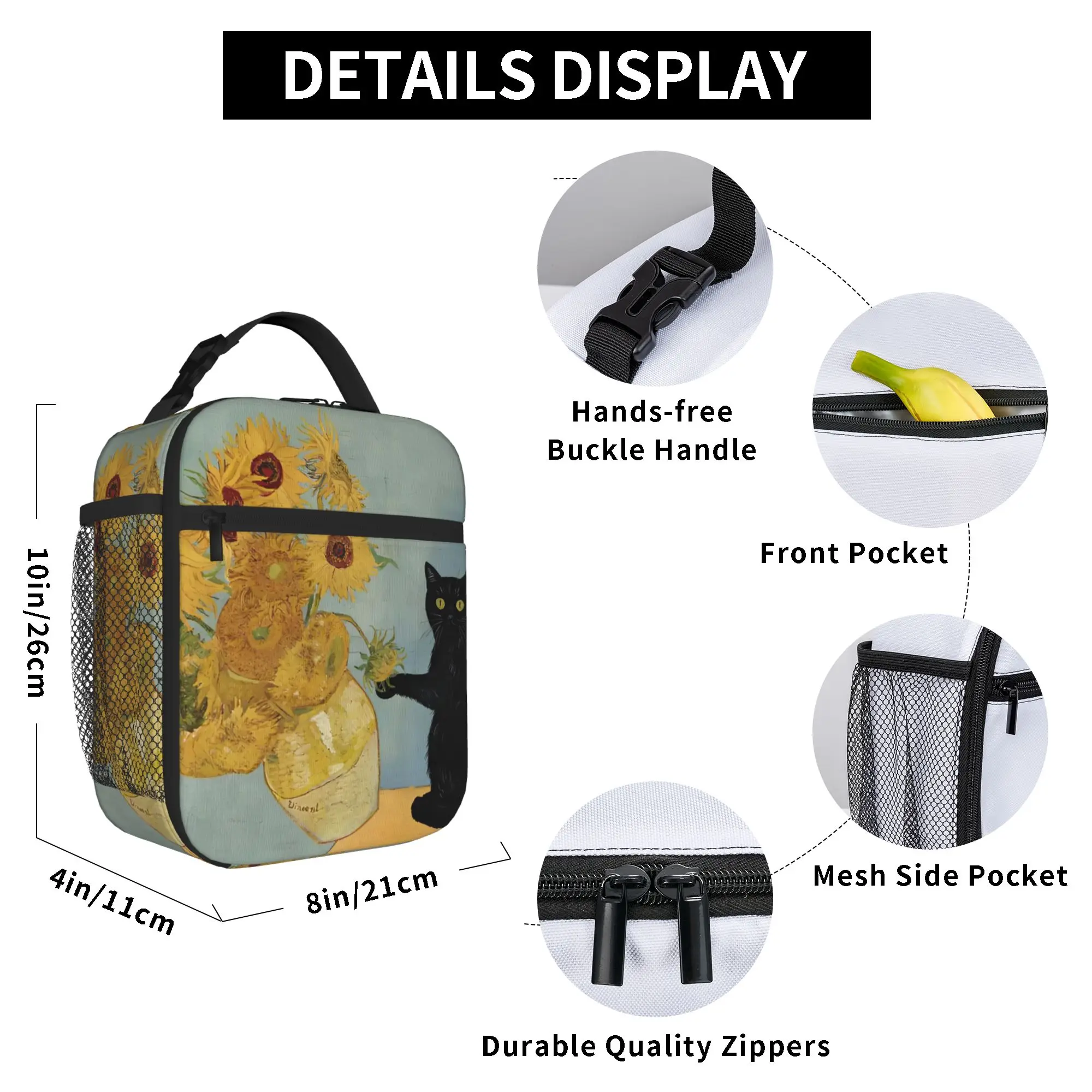 Van Gogh Sunflowers Cat Funny Insulated Lunch Tote Bag for School Office Oil Painting Portable Thermal Cooler Men Women Food Bag - view 4