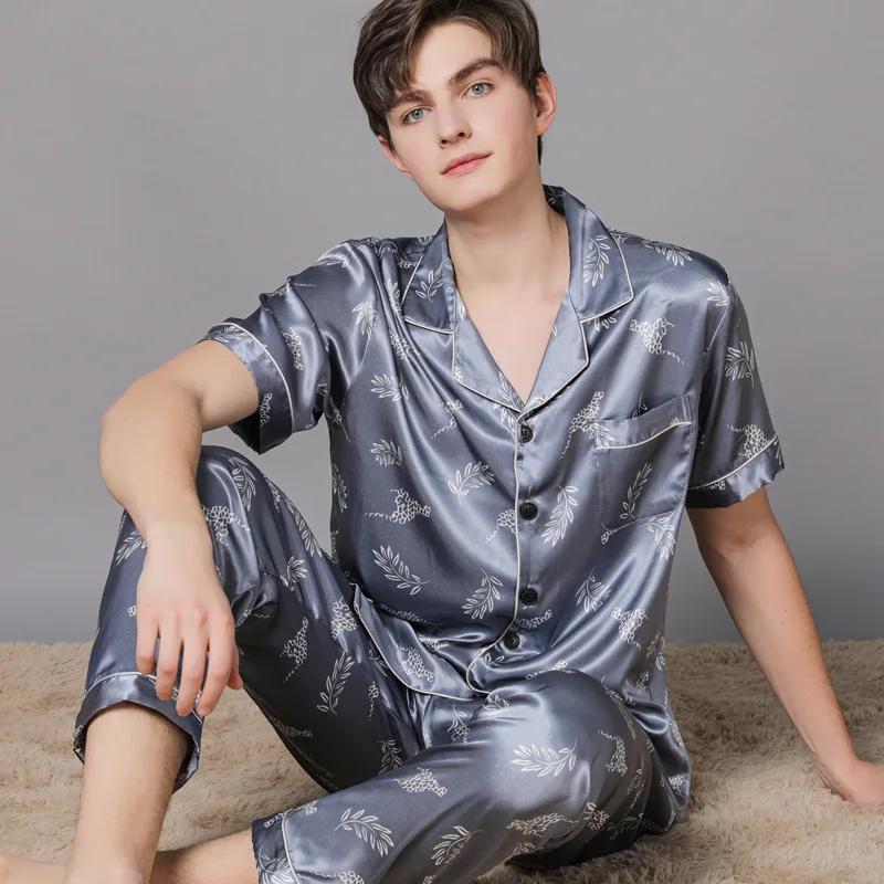 

Satin Silk Men Pajama Sets Two-Pieces Fashion Printed Soft Smooth Short Sleeve Summer Faux Silk Pyjamas Male 6223