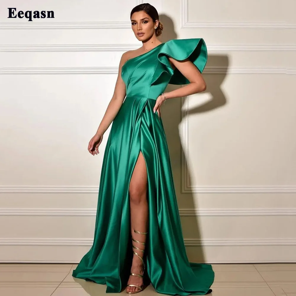 Eeqasn simples uma linha de cetim formal vestidos de noite um ombro sexy fenda lado feminino ocasião especial vestidos de baile vestido de festa 2023