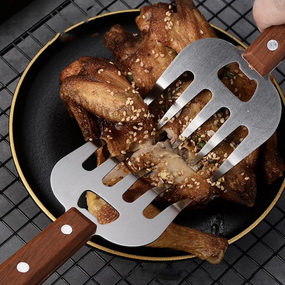 Tenedores de carne de acero inoxidable, mango de madera para barbacoa, asar, brochetas, uso en cocina, pollo con mango largo resistente al calor, 2 uds.