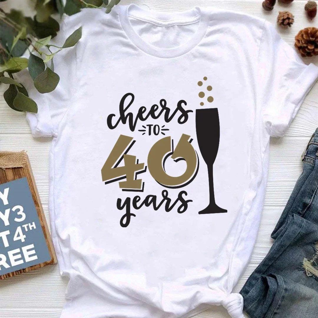 2024 Cheers To 20 30 40 50 60 70 80 90 Years Old Birthday Gift T Shirt Wine Glasses Print T-Shirt Women Clothes Female Tees Tops