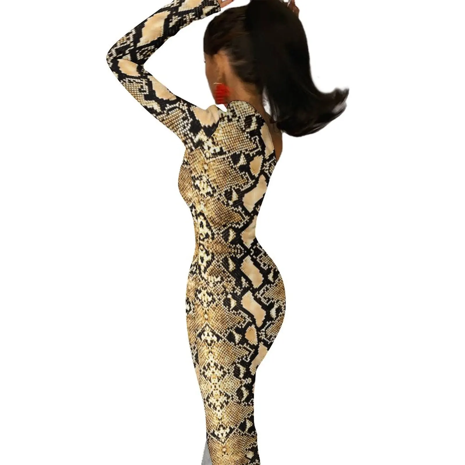 Gold Python Snakeskin Maxi Dress Long Sleeve Animal Print Vintage Bodycon Dress Spring Aesthetic Long Dresses Womens Clothing