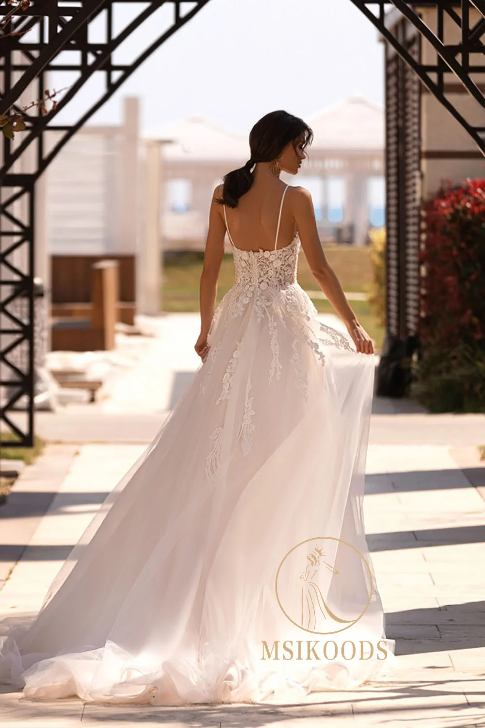 Msikoods Boho-Hochzeitskleid mit Spitzenapplikation, Spaghettiträger, individuelles Tüll-Brautkleid, sexy, tiefes V-Ausschnitt, rückenfreies Brautkleid