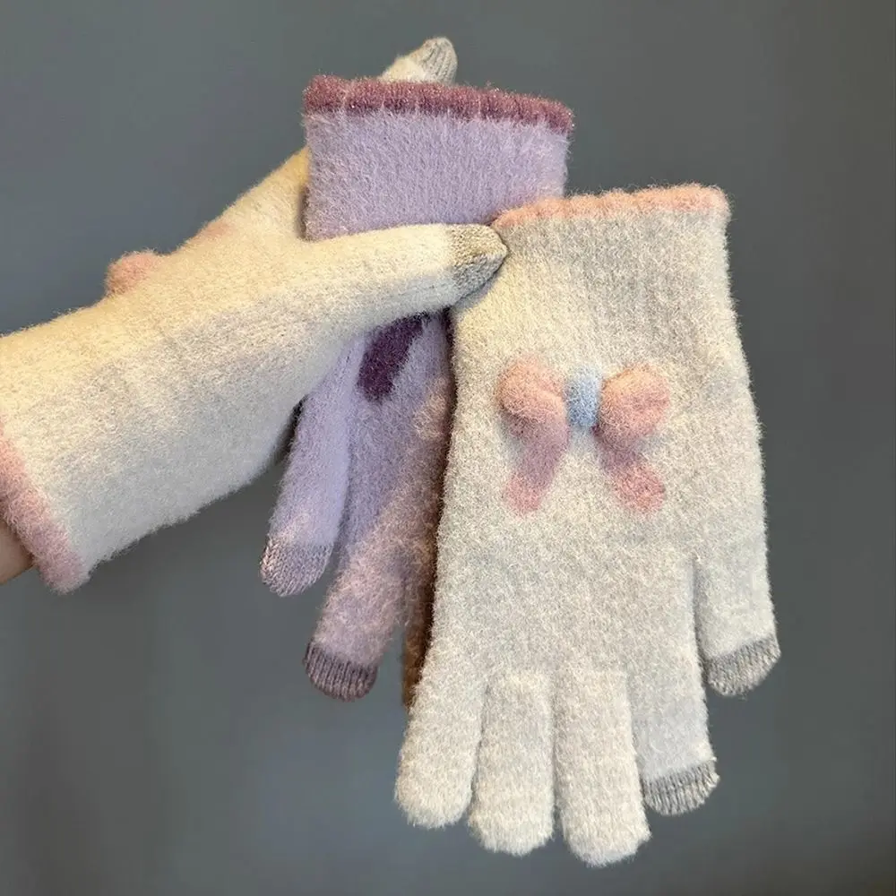 Elastic Thicken Warmth Women Knitted Gloves Bowknot Touch Screen Winter Gloves Windproof Soft Warm Mittens