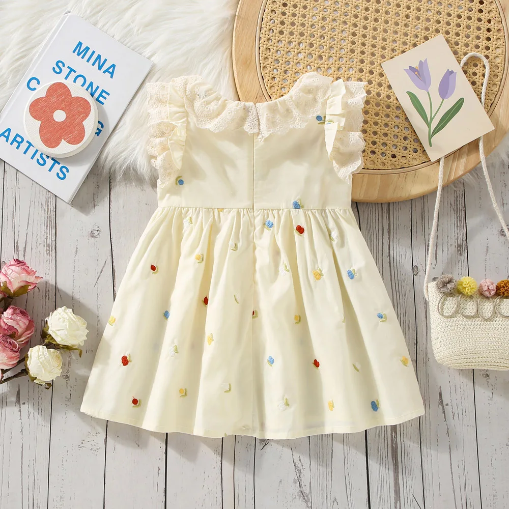 Girls Summer Style Flying Sleeve Dress Autumn New Item Flower Embroidery Princess Dress Sweet And Cute Childrens Dress