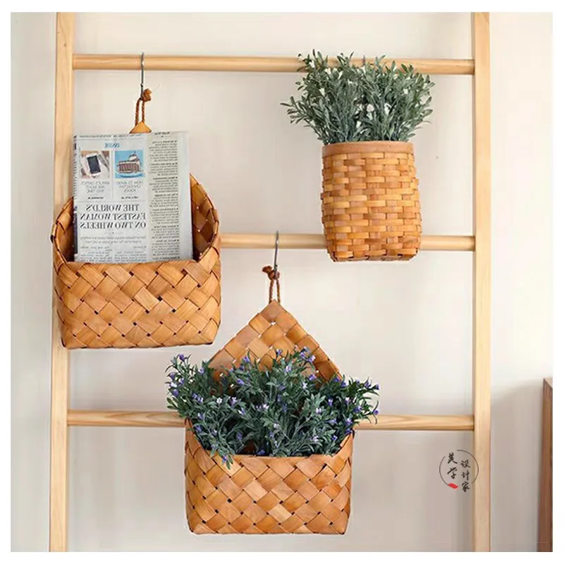 2pcs/set Household Hand Woven Storage Basket Wall Hanging Organizer Wood Multipurpose Desk Decor Home Decorative Shelf