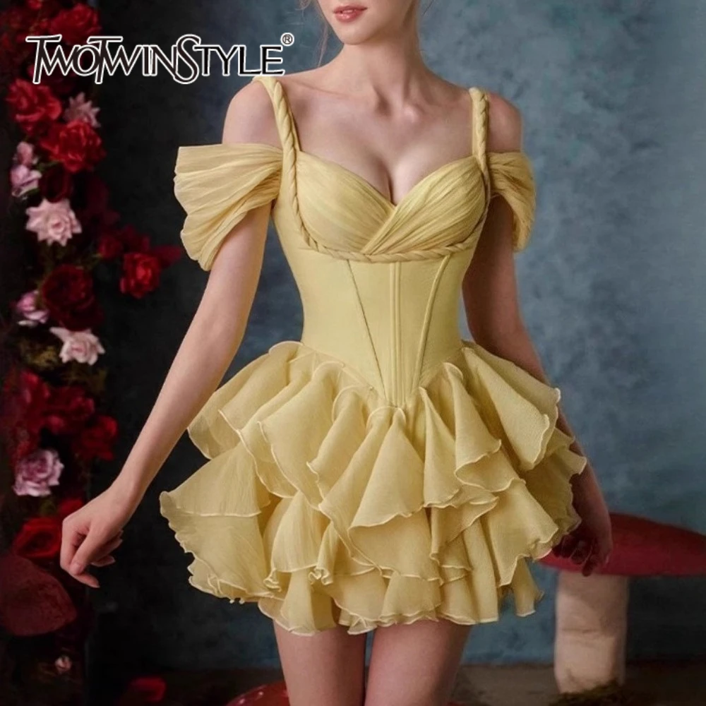 

TWOTWINSTYLE Solid Spliced Ruffles Folds Irregular Mini Dresses for Women Square Neck Sleeveless High Waist Elegant Dress Female