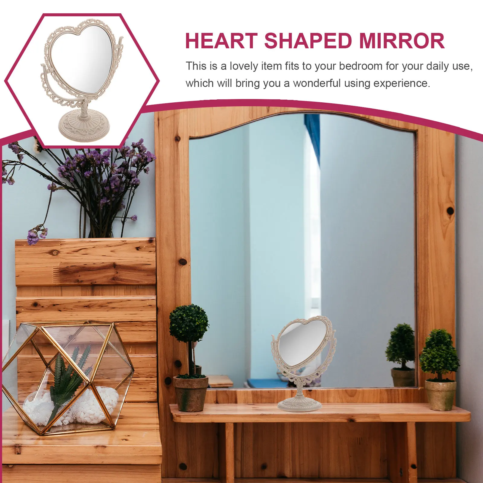 

Зеркало для макияжа в форме сердца, винтажное, настольное, вращающееся, с четким изображением, для дома, туалетного столика