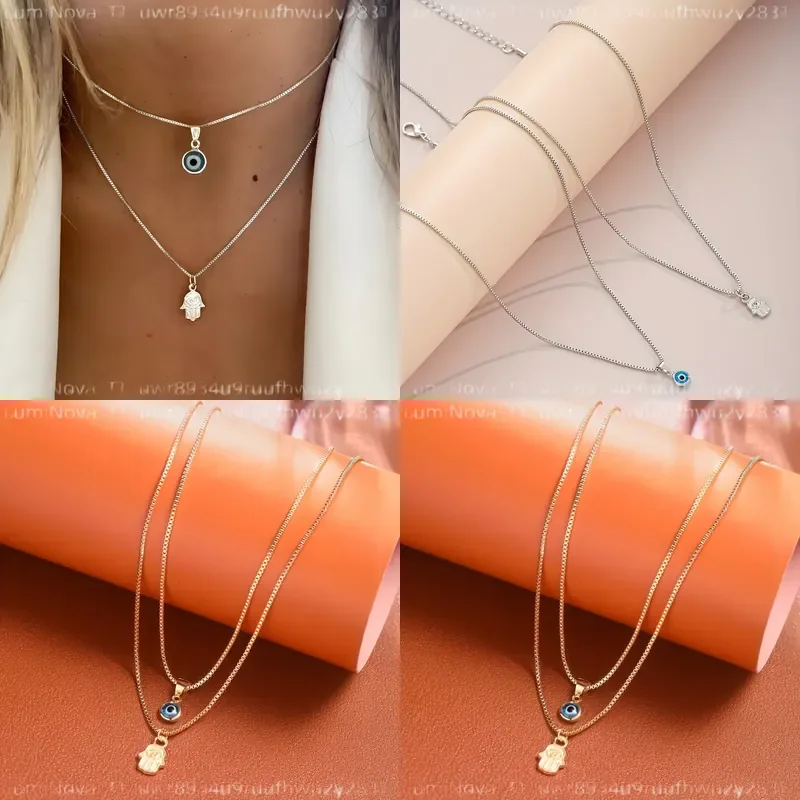 2pcs Vintage Blue Eye Necklace Simple Devil Eye Palm Pendant Jewelry for Women Men Fashion Charm Amulet Protection Gift