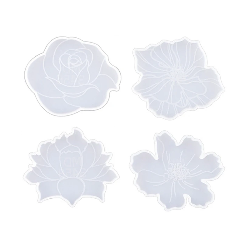 4Pcs Diy Crystal Flower Tea Tray Mold Flower-shaped Epoxy Resin Mold Suitable for Home Decoration Table Wine Tray N0HE