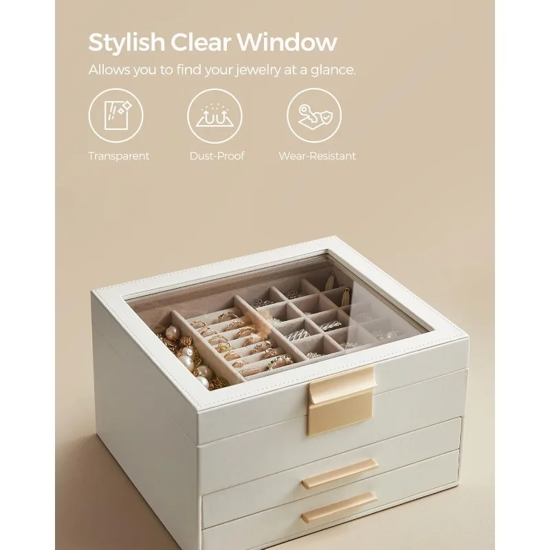 

Jewelry Box Organizer With Glass Lid, 3-Layer Jewelry Storage, With 2 Drawers, Modern Style, 8 X 9.1 X 5.3 Inches, Clou