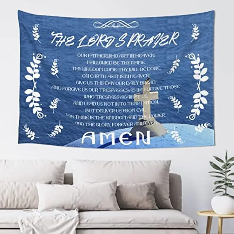 VIKAMA The Lords Prayer Blue Scripture Wall Tapestry Our Father Amen Cross Earth White Leaf Christian Religious Bible Verse Soft