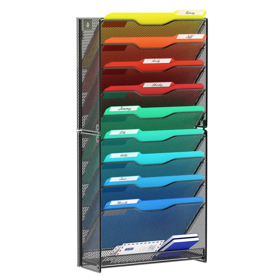 

10 Tier Wall File Organizer, Hanging Wall Mount File Holder Paper Folder Mail Organizer, Mesh Metal, Black.