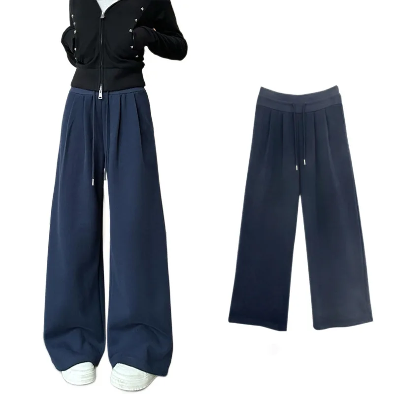 

Широкие брюки с эластичной резинкой и высокой талией, женские осенние влагоотводящие широкие брюки, современная профессиональная повседневная одежда, шикарные плиссированные брюки, простые