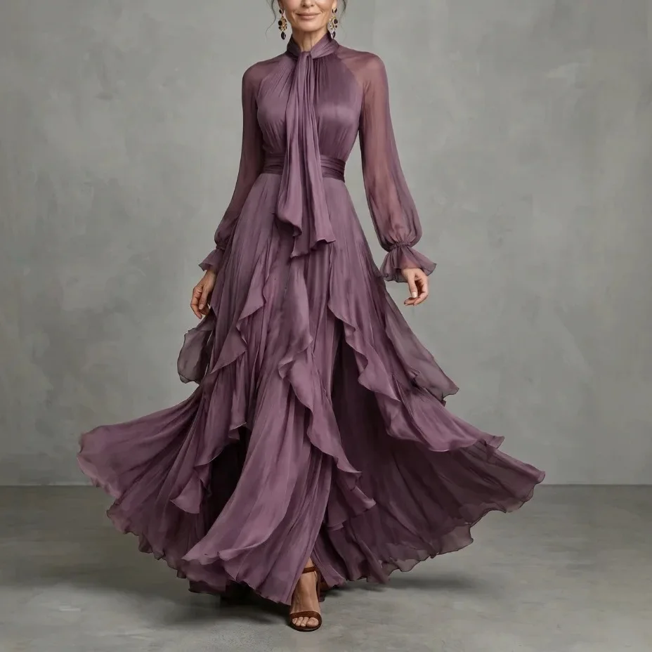 Schickes 2026 Wind Lila Rüschenkanten Langarm Slim-Kleid Modisches Abendkleid Y2K Big Swing Maxi Partykleid Vestidos