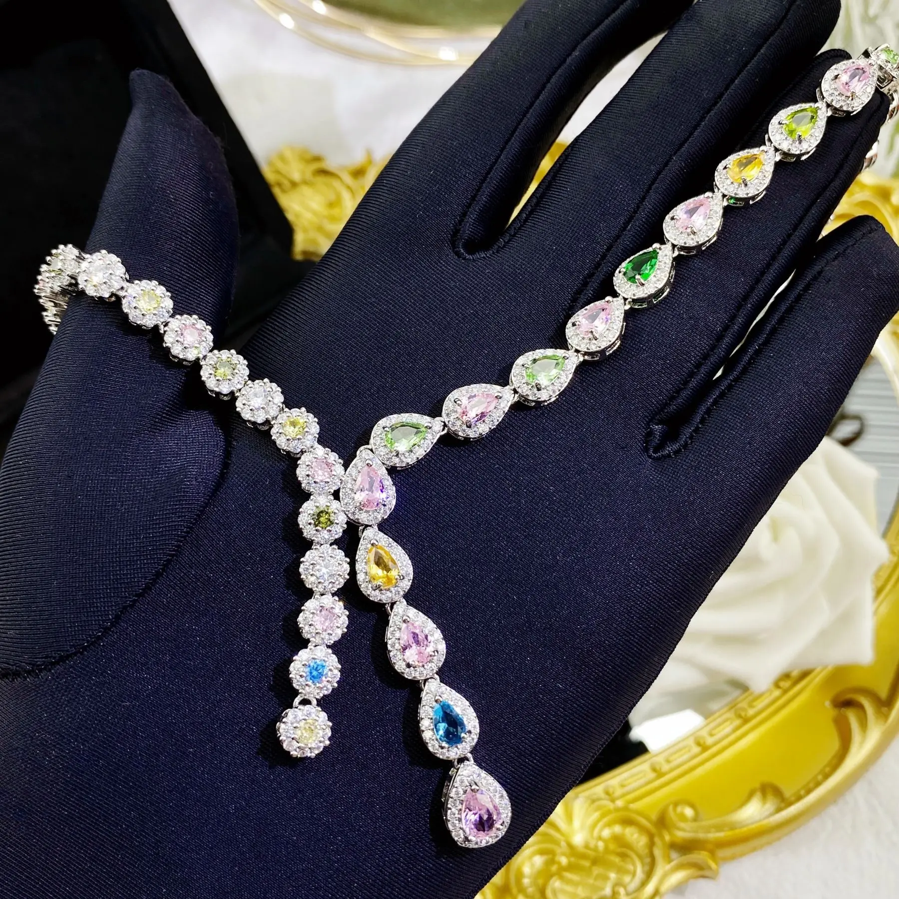 Luxury Silver Color Rainbow Colorful Cubic Zirconia Necklace for Women Multicolor Wedding Necklace Vintage Evening Party Jewelry