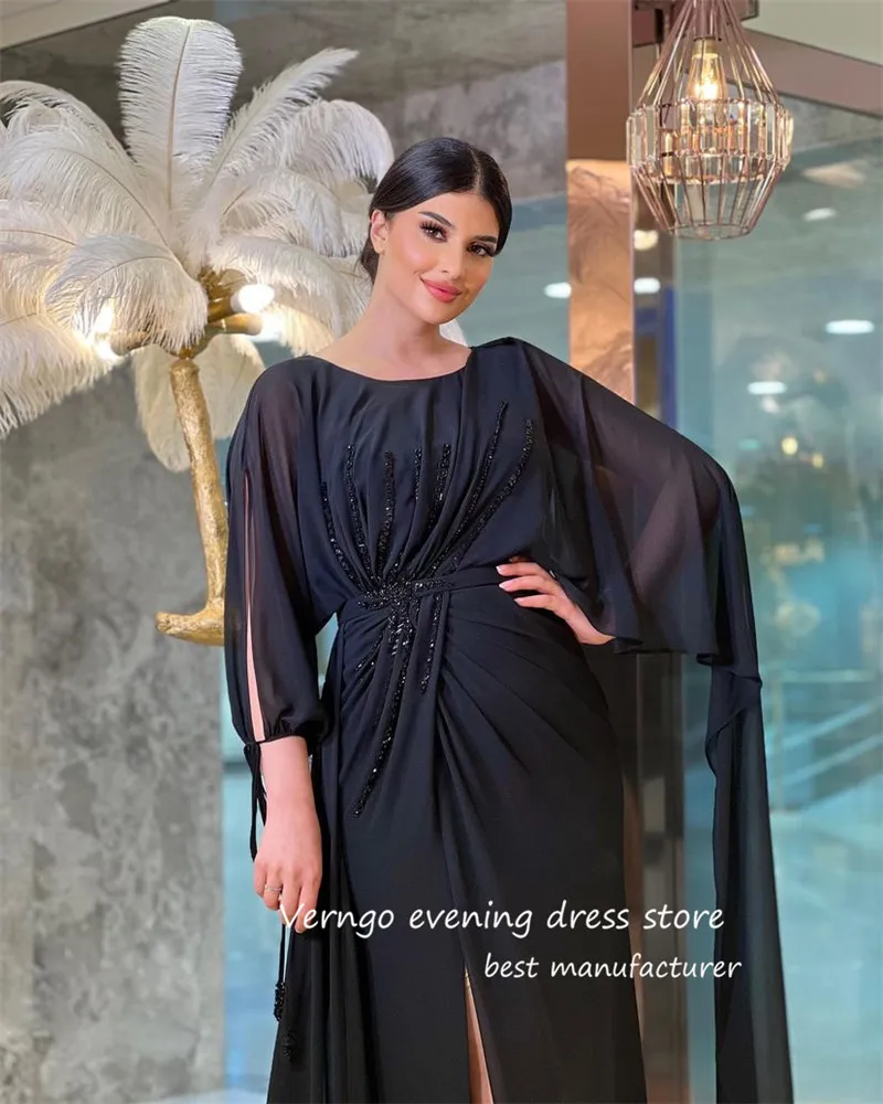 Verngo Black Chiffon Dubai Arabic Women Evening Dresses Long Sleeves Beads Split Plus Size Mother Formal Prom Occasion Gowns