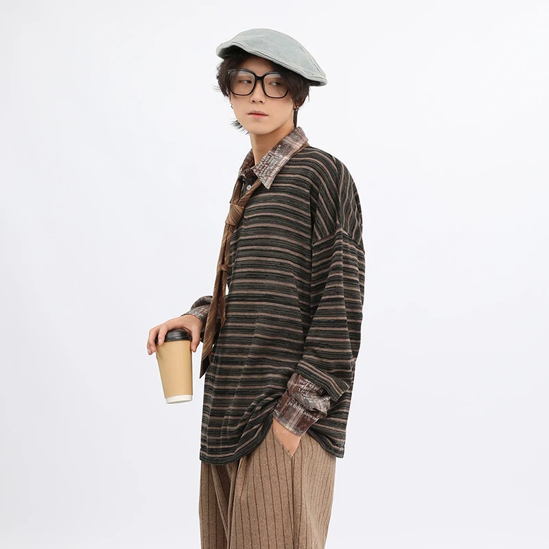 PFNW Korean Splicing Fake Two-piece Striped Lapel Sweatshirt Men's Autumn Loose Versatile Streetwear New Fashion Tops 28W5157