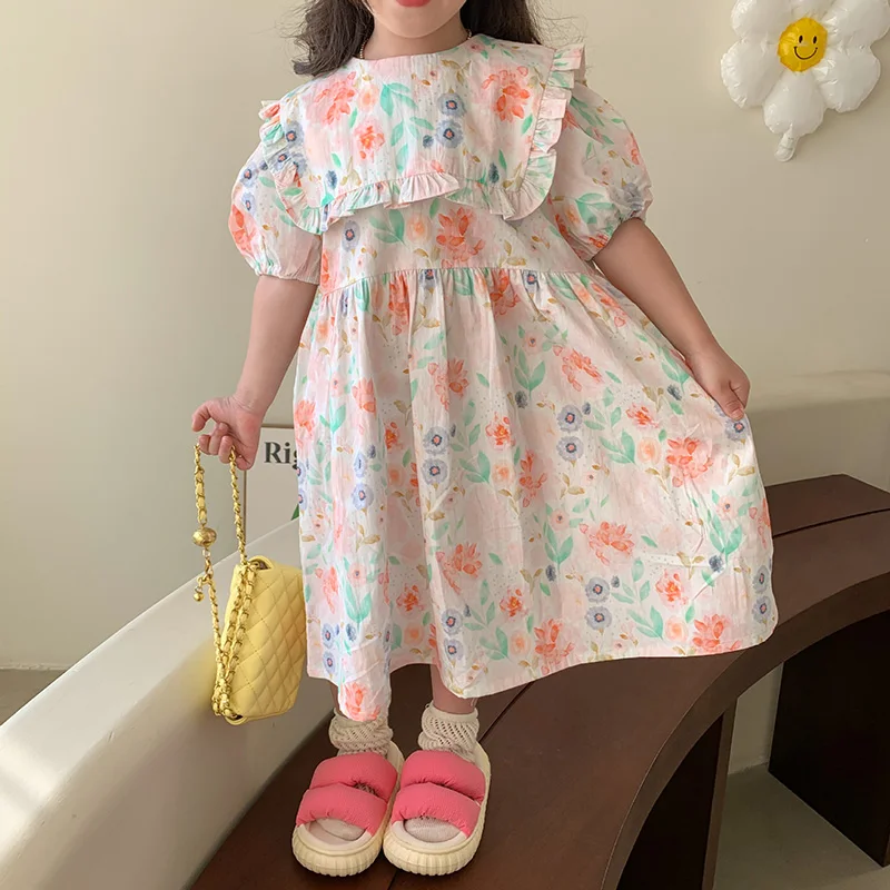 Primavera e l'estate nuove ragazze in stile coreano fiore a maniche corte in cotone vestito da principessa abbigliamento per bambini