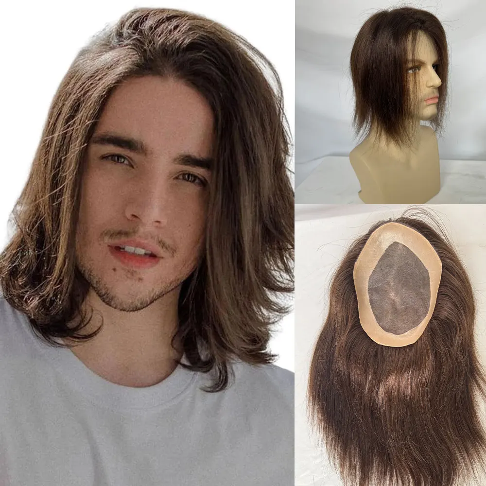 European Hair Replacement System Unit For Men Hair Long Mono Lace with PU Around Men's Toupee Hairpieces 8x6inch #3 Brown Color