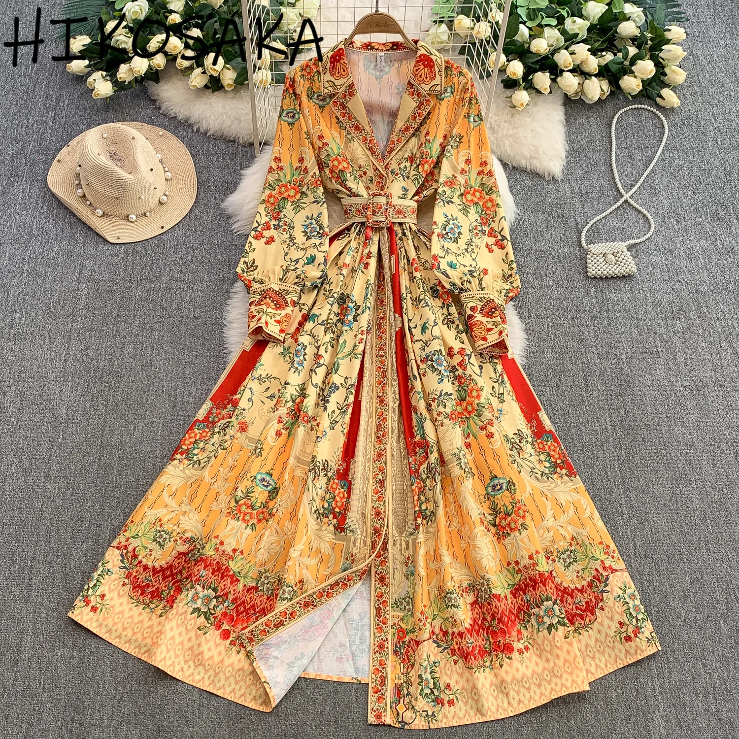 

European American Retro Style Prin Dress Notched Collar Lantern Sleeve Slim Waist Big Swing Robe Temperament Party Ropa Mujer