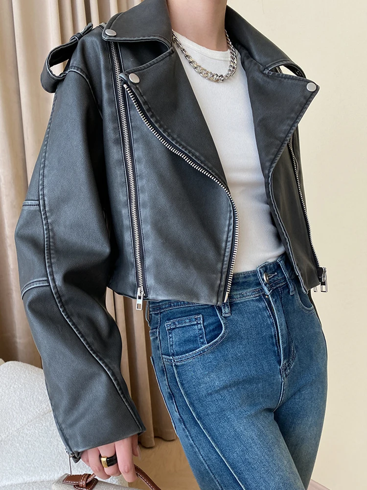 Ailegogo Spring Autumn Women Retro Short Grey Pu Faux Leather Jacket Vintage Female Streetwear Zipper Coat Moto Biker Outwear