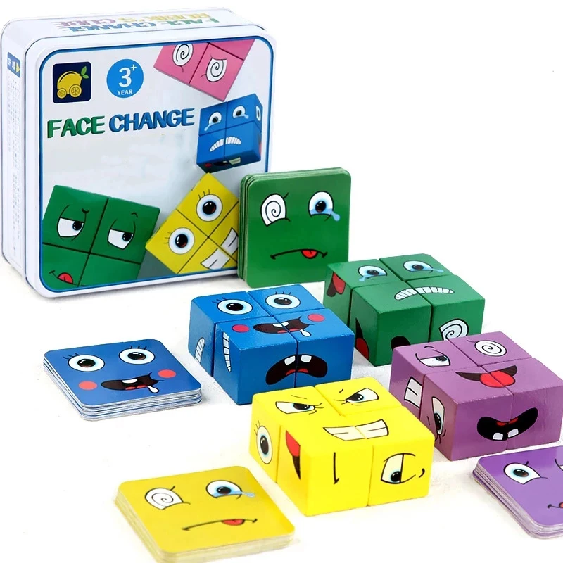 Wooden Face Changing Cube Toys Building Blocks for Cartoon Puzzle Montessori Jigsaw Educational Board Game Family Toys