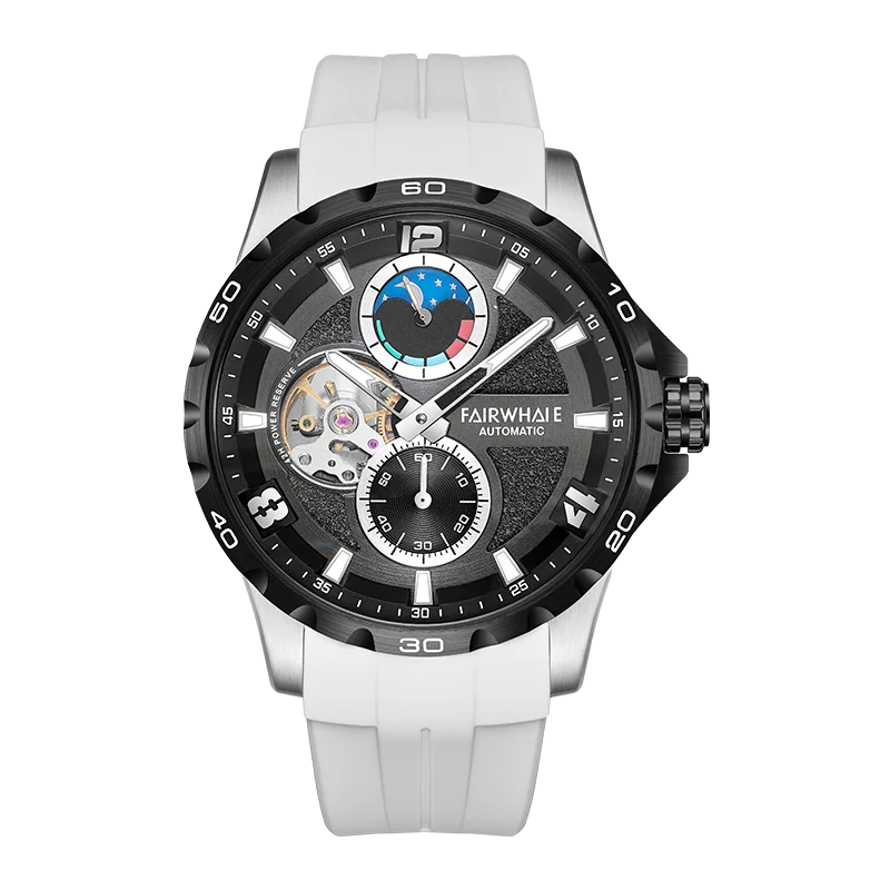 Mark Fairwhale Men Automatic Watch 43mm Mechanical Wristwatch Waterproof Luminous Skeleton Small Second Dial Moon Display
