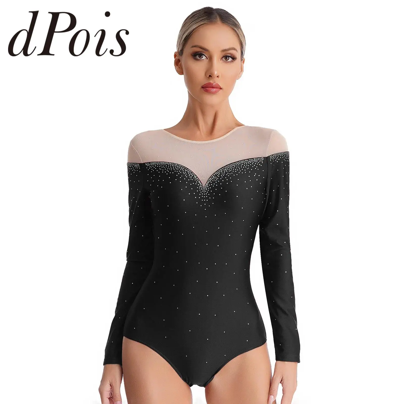 Womens Long Sleeve Rhythmic Gymnastics Leotard Figure Skating Jumpsuit for Woman Dance Costume Rhinestone Acrobatics Bodysuit