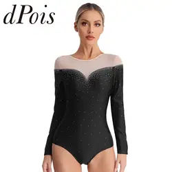 Womens Long Sleeve Rhythmic Gymnastics Leotard Figure Skating Jumpsuit for Woman Dance Costume Rhinestone Acrobatics Bodysuit