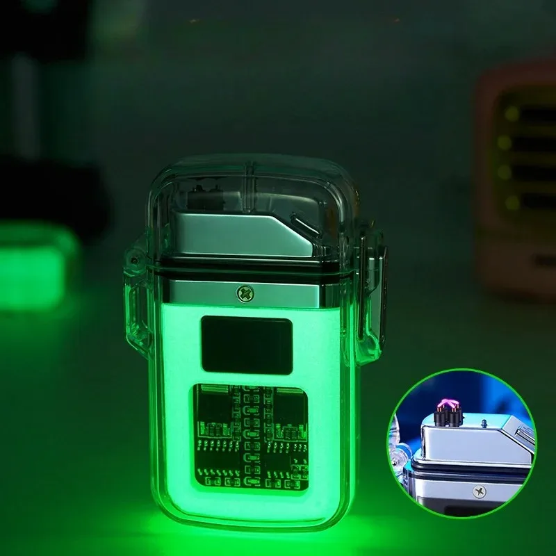 ولاعة نبض بقوس مزدوج ديناميكية جديدة مقاومة للماء والرياح مع شاشة رقمية أداة إضاءة خارجية شفافة للجسم