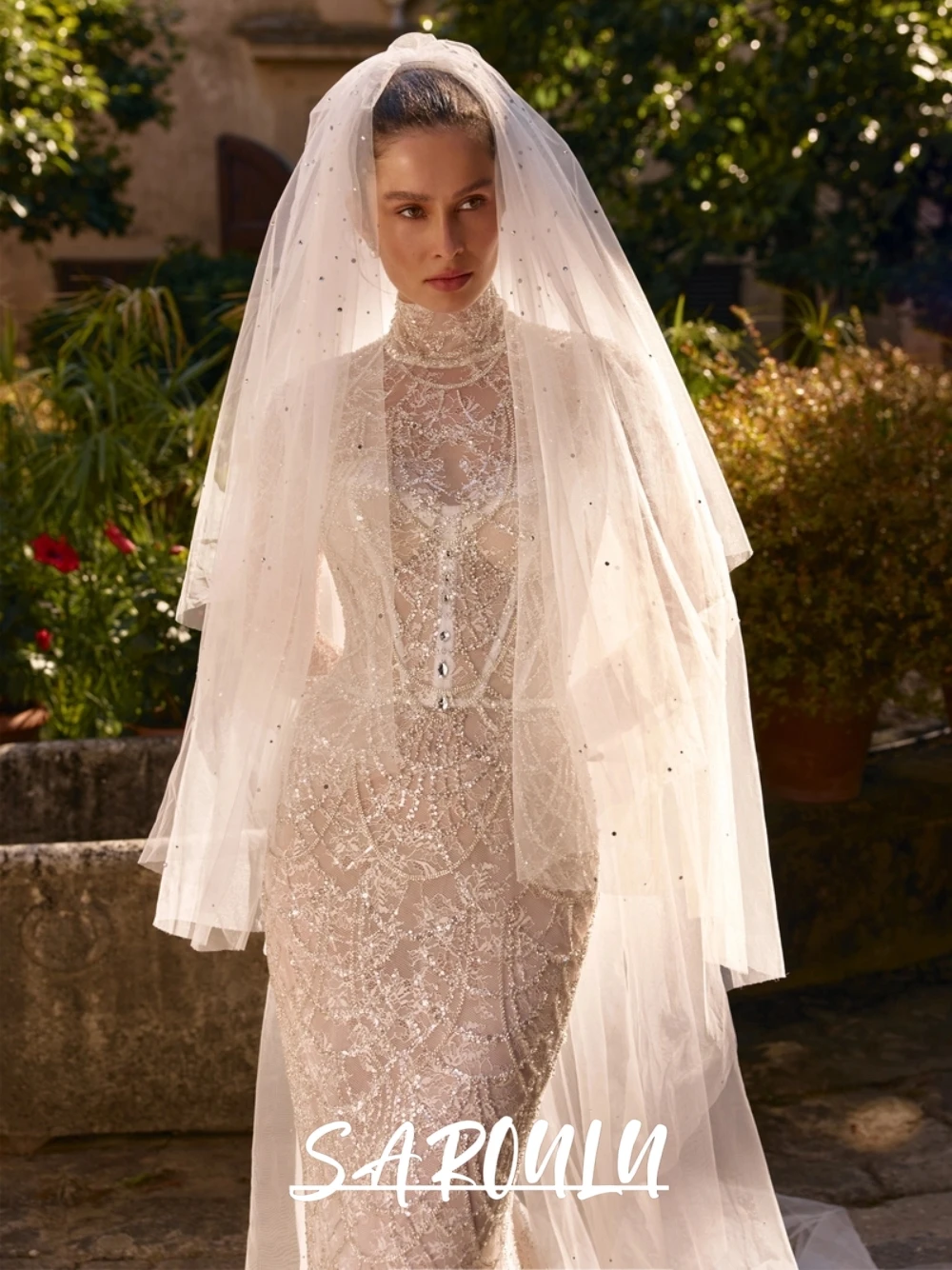 Ivory Lace Beaded Wedding Dress Customized Stunning Backless High Neck Mermaid Bridal Gown Glitter Crystals Long Wear No Veil