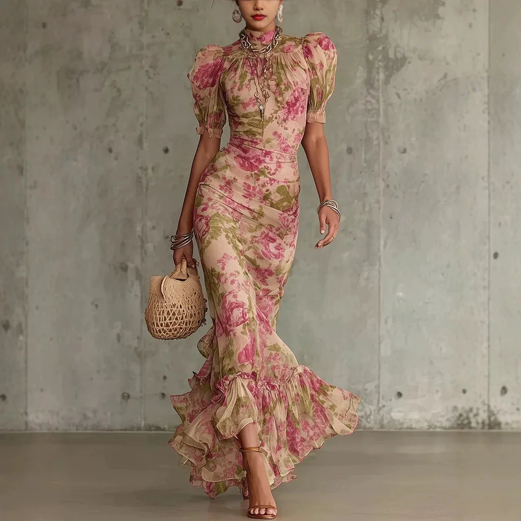 Europäisches und amerikanisches grenzübergreifendes Vintage-Kleid aus französischem Chiffon mit hohem Kragen, Puffärmeln, tailliertem Schnitt, schmaler Meerjungfrauenform, elegant, für Damen, Urlaub, langes Kleid. – Detail 2