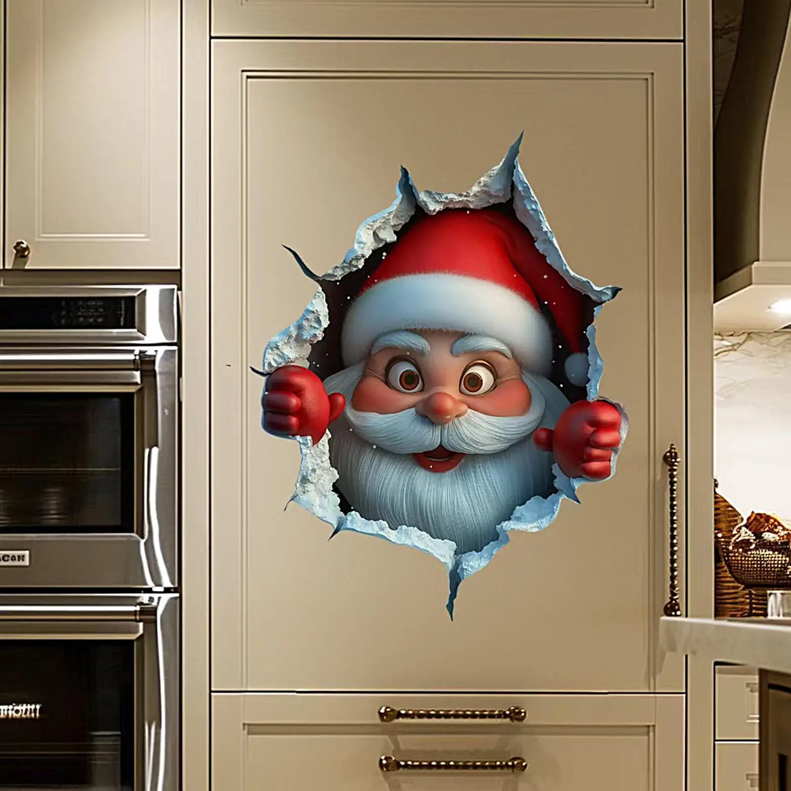 3D Christmas Wall Stickers Vinyl Santa Claus Break-Through Wall Decal Elk Deer Cartoon Holiday Decoration Home Living Spaces