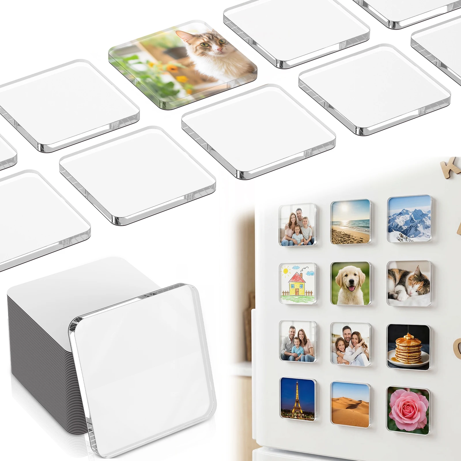20 Packs DIY Fridge Magnets Set Acrylic Clear Square Fridge Magnet with Adhesive Backing Photo Frame Fridge Magnet Craft Gifts