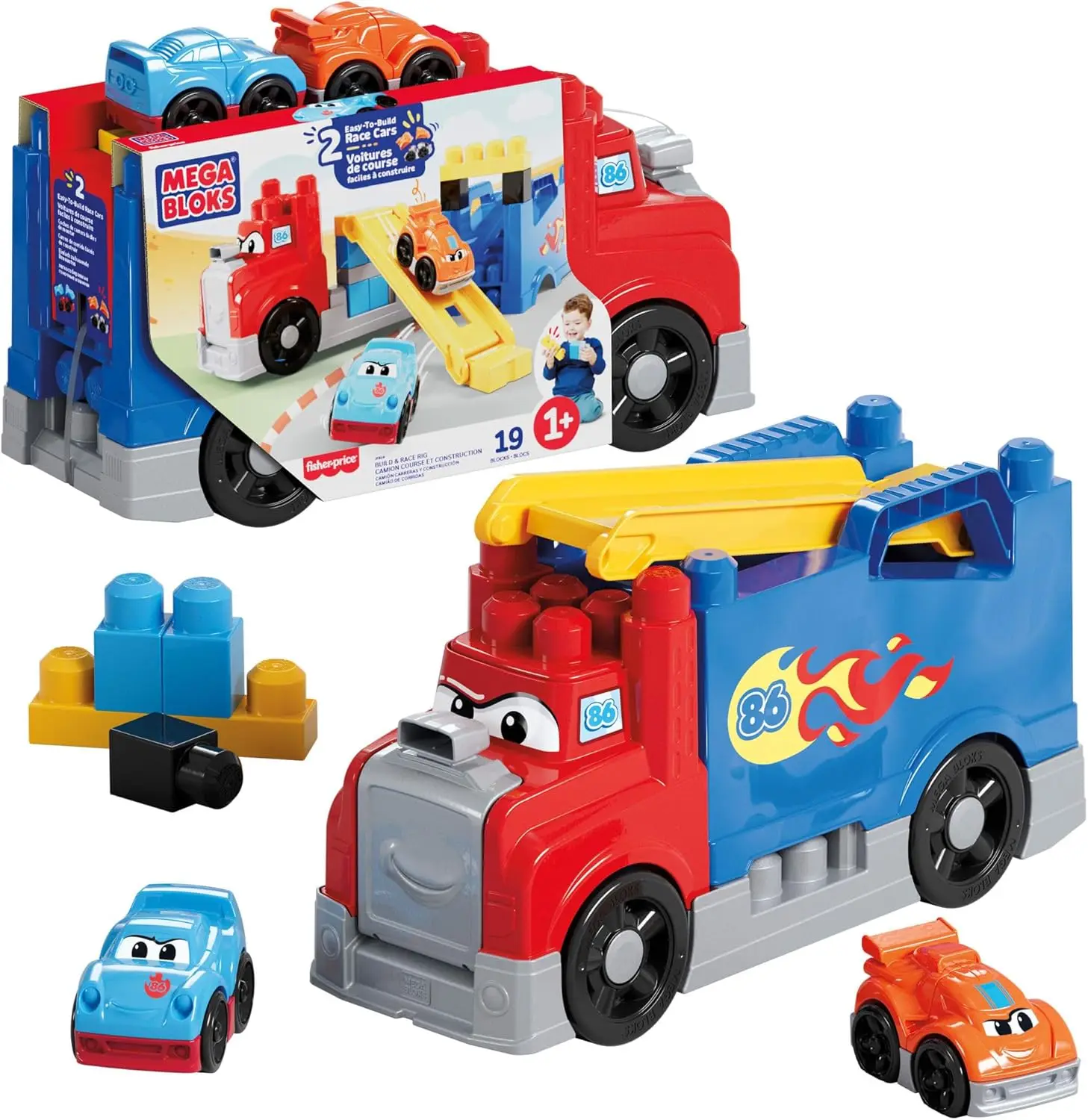 

19-Piece Toddler Building Blocks Set with 2 Race Cars, Storage Bag, Ages 1+
