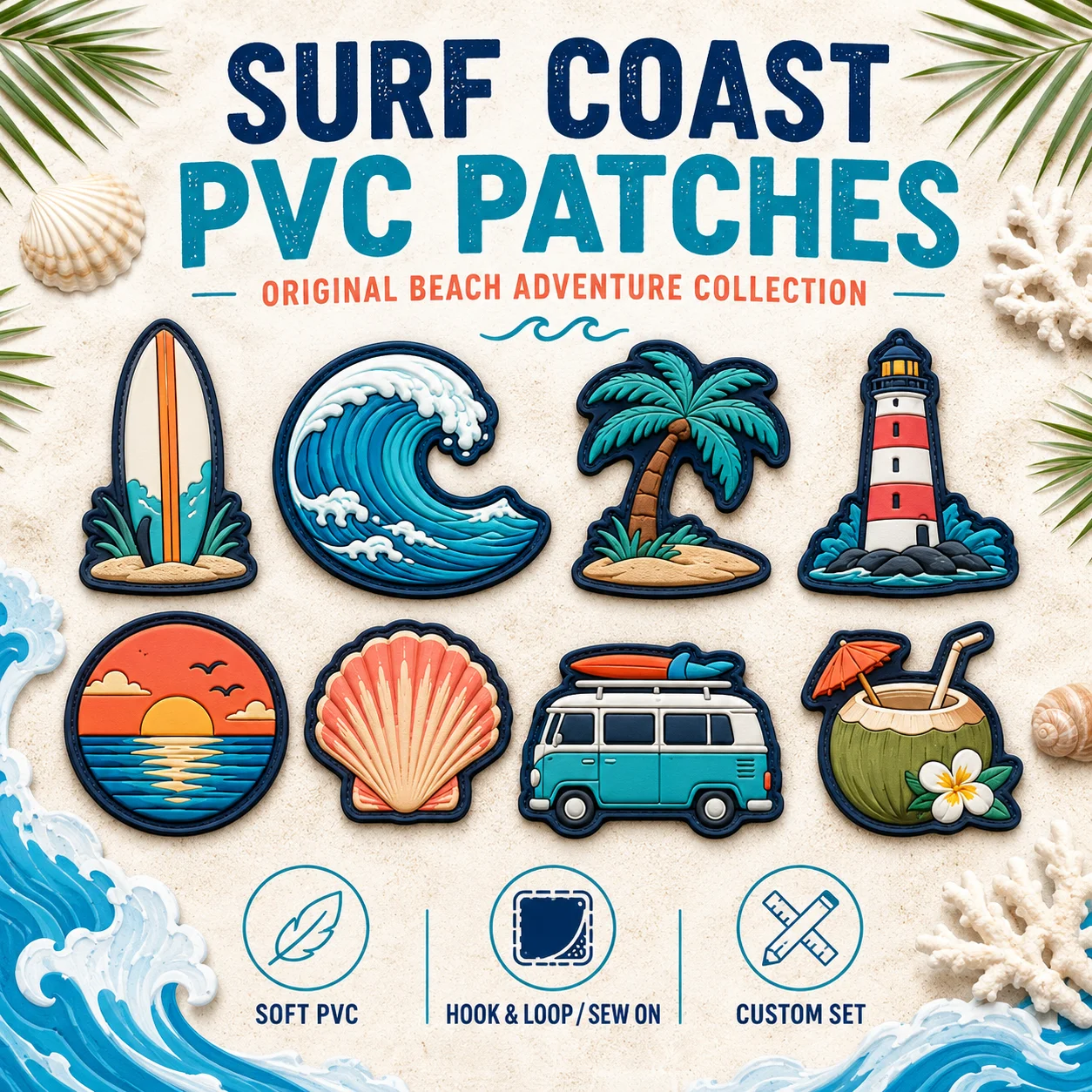 Custom Surf Coast PVC Patches Surfboard Wave Palm Tree Lighthouse Soft Rubber Hook and Loop for Bags Jackets Hats Beach Gear