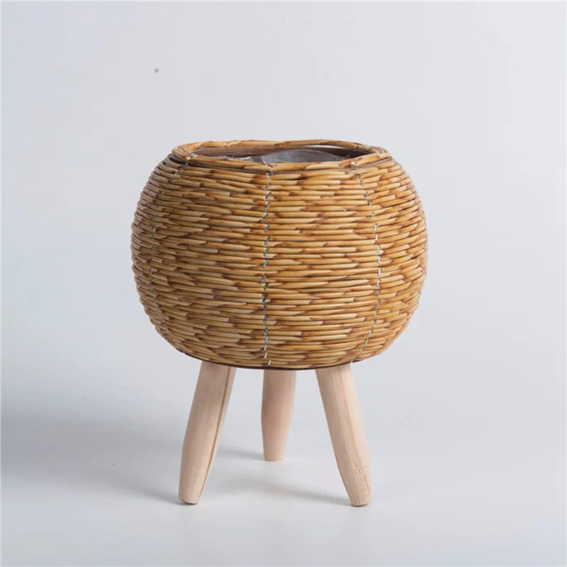 

ABKU-3X Vintage Imitation Rattan Woven Flower Shelf Planters Handmade Storage Basket With Wooden Legs Plant Pot Stand,A
