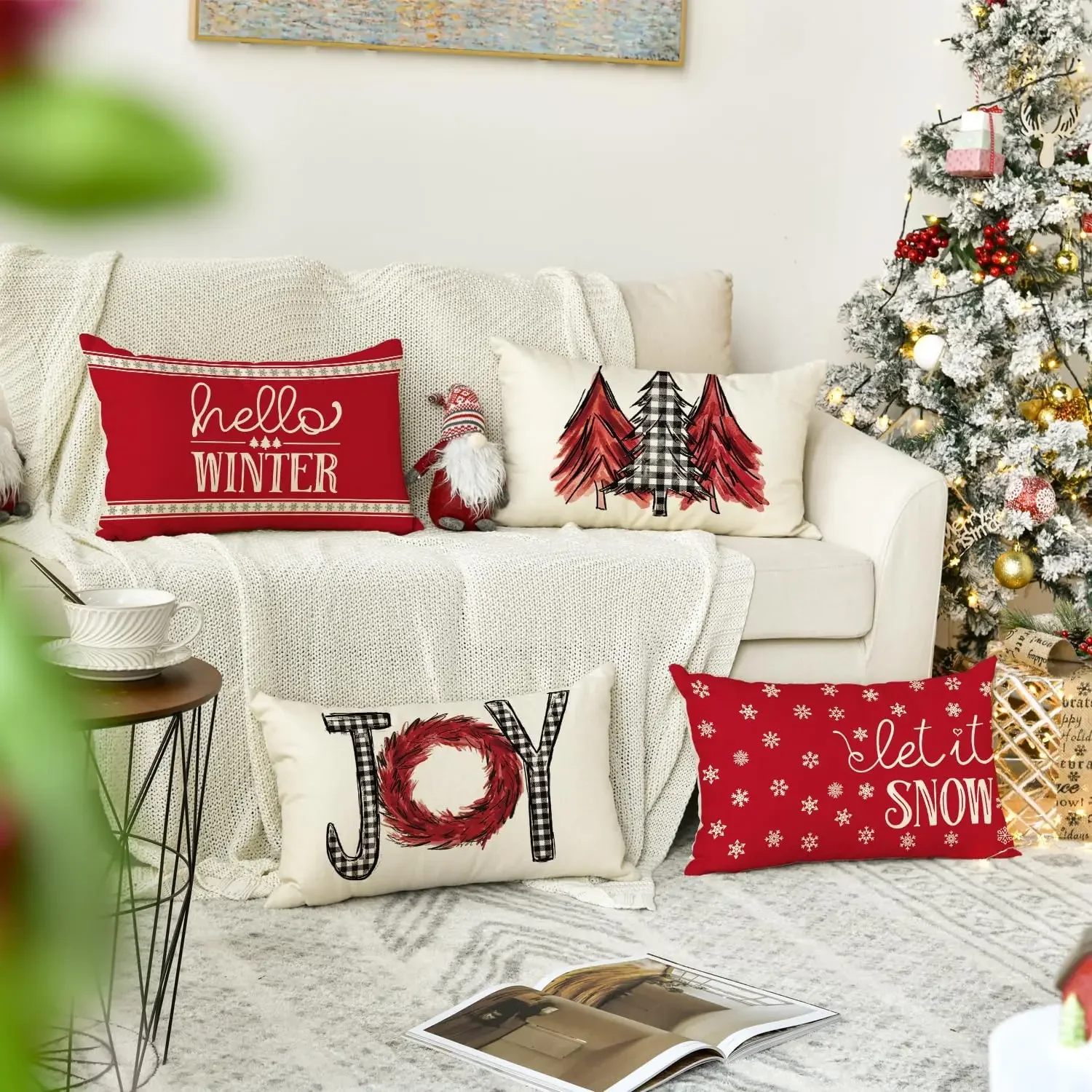 Merry Christmas Trees Mottos Red Throw Pillow Covers,  Hello Winter Let it Snow Holiday Cushion Case Decoration for Sofa Couch