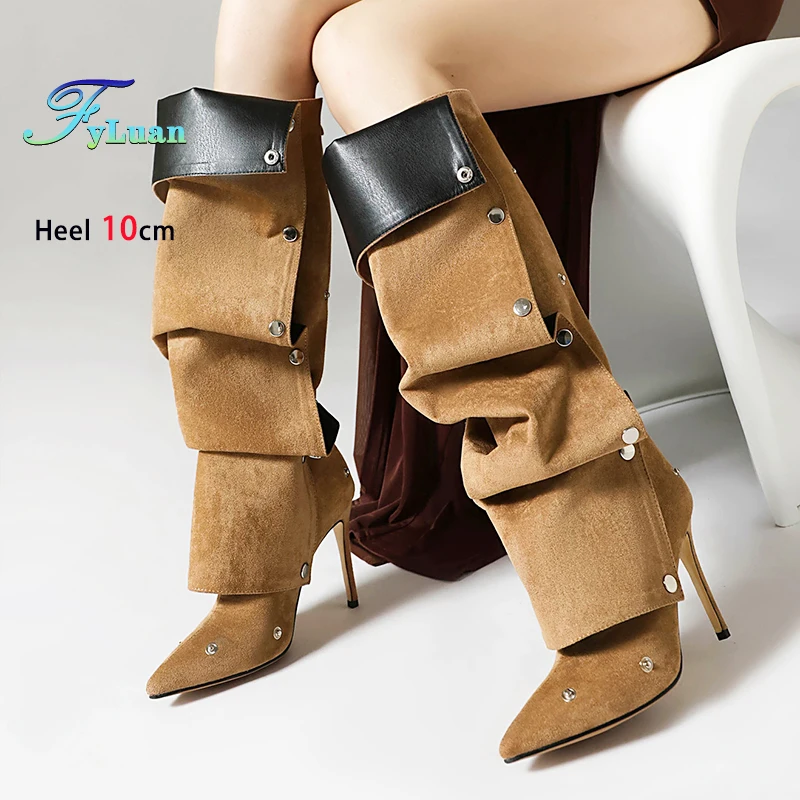 Sepatu Bot Runcing Musim Gugur Musim Dingin Stiletto 10CM Sepatu Wanita Modis Sepatu Bot Setinggi Lutut Merah Hak Tinggi Tipis Model Eropa dan Amerika