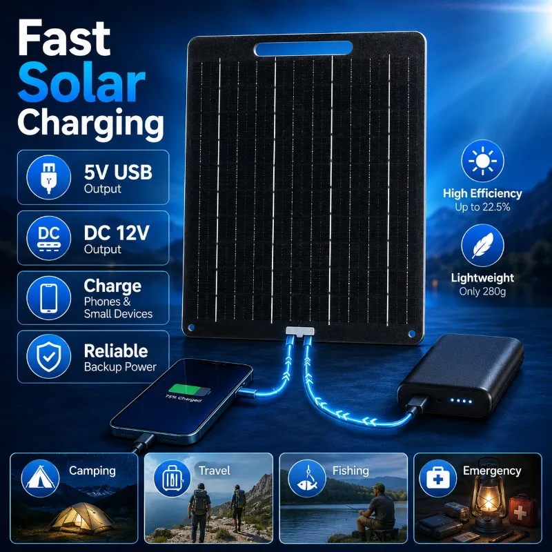 10W 5V Flexible Solar Panel USB Fast Charging DC12V Output 22.5% Efficient Portable Outdoor Camping Solar Charger Panel