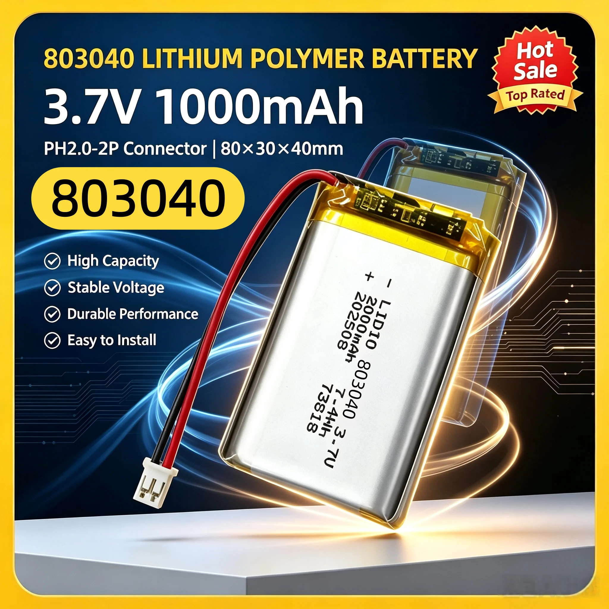 803040 Polymer-Lithium-Akku 3,7V 1000mAh PH2.0 2-Pin-Stecker für GPS-Navigatoren, MP5-Bluetooth-Headsets 1-10 Stück