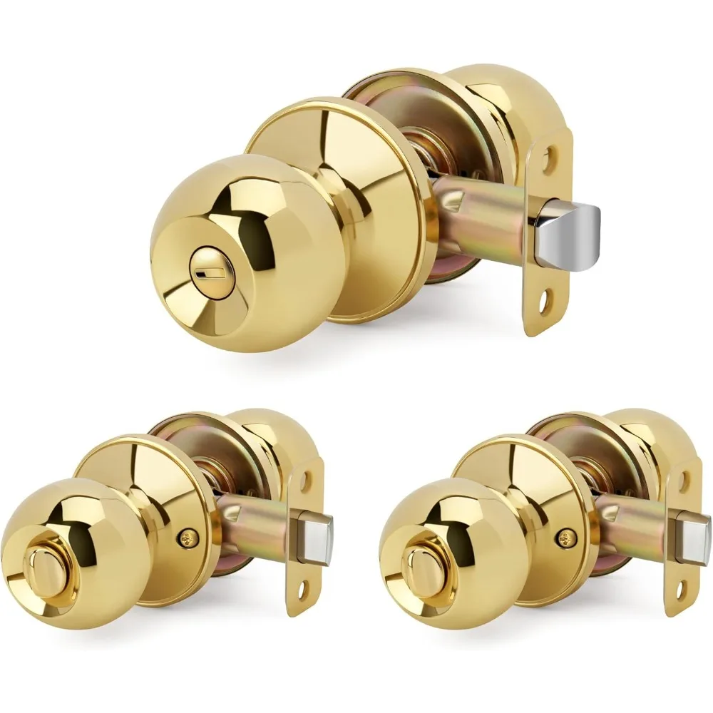 

3 Pack Wholesale Ball Design Door Knob with Lock, Privacy Round Shaped Keyless Doorknob for Bathroom/Bedroom, Polished Brass Fin