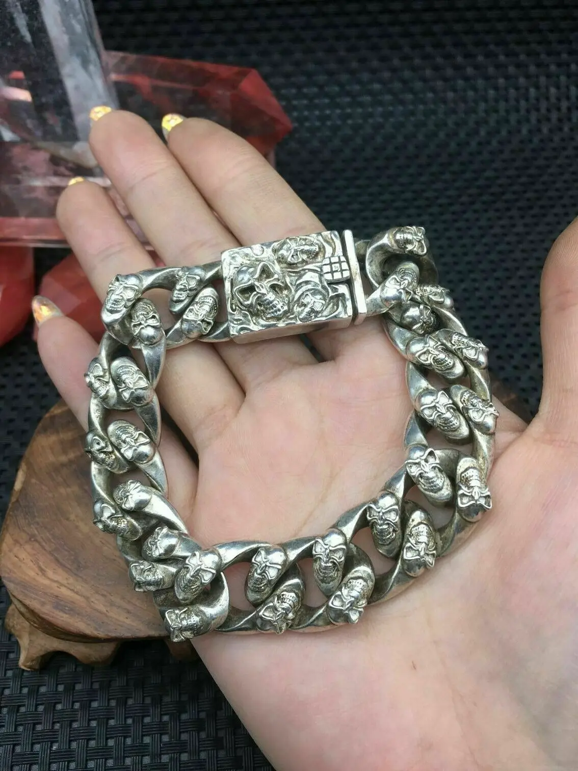 

Asian chinese old miao silver hand cast statue bracelet cool gift