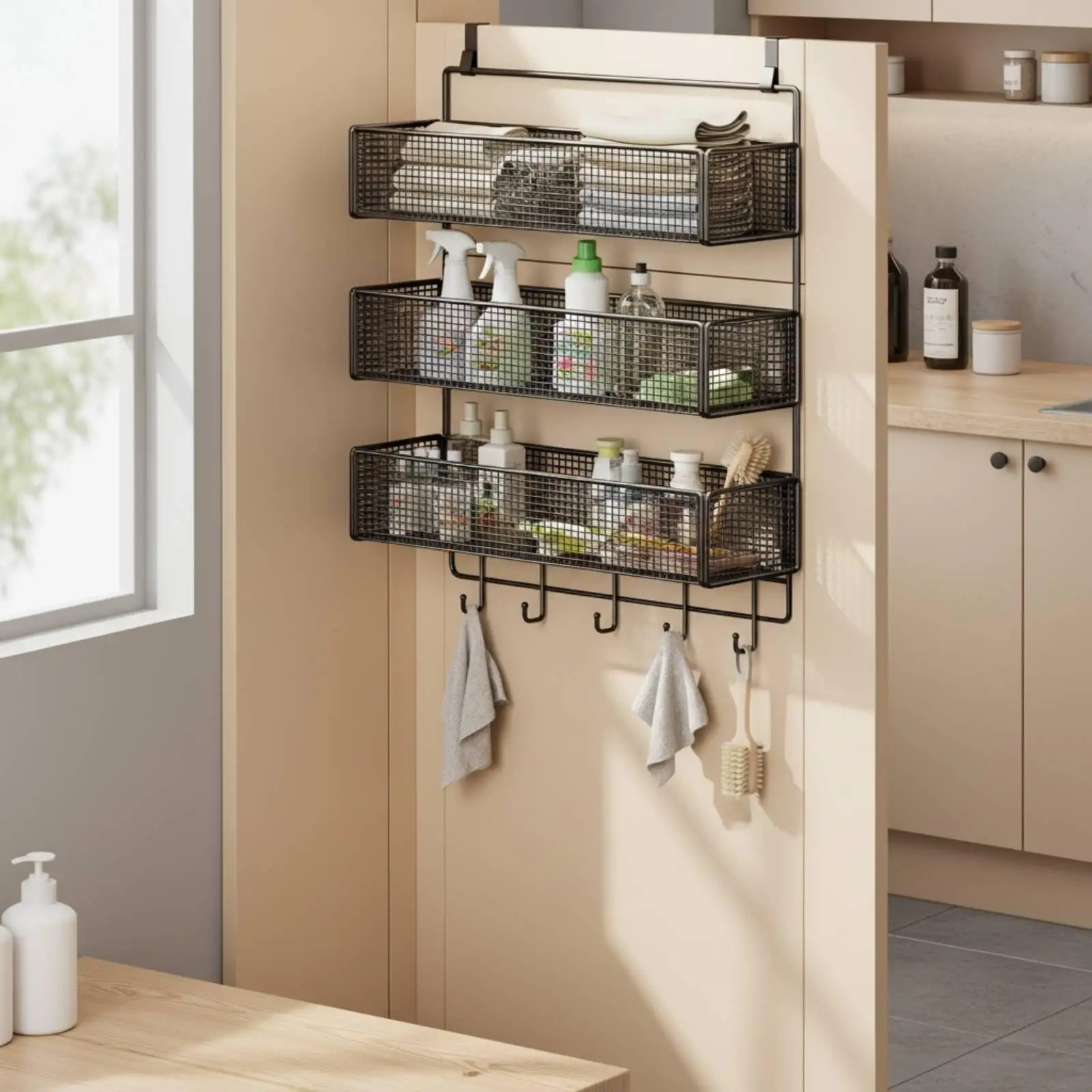 Door Hanger Shelf Heavy Duty Metal Storage Rack Organizer for Kitchen Cabinet and Bathroom Toiletries