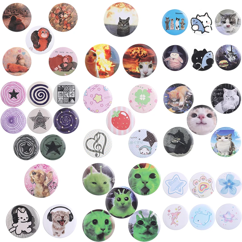 Divertido juego de broches de hojalata con diseños de gatos, perros, memes, estrellas de ensueño, fresas y notas musicales, joyería, regalo